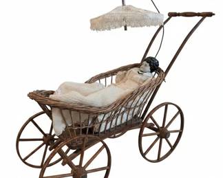 Antique Wicker Doll Pram with Parasol second image