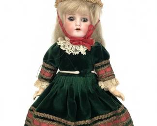 Antique German Bisque Doll in Green Velvet Dress