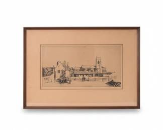 William R. Hay Etching of a Village Scene