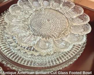 Antique American Brilliant Cut Glass Footed Bowl and Pressed Glass Egg Platter fourth image