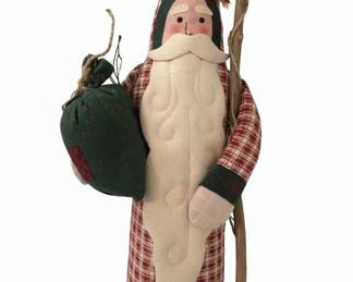 Primitive Fabric Santa Claus Doll with Gift Bag and Staff