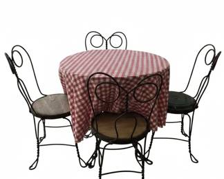 Vintage Wrought Iron Ice Cream Parlor Set with Red and White Gingham Tablecloth