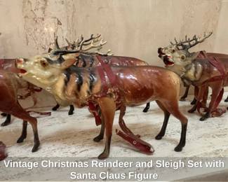 Vintage Christmas Reindeer and Sleigh Set with Santa Claus Figure second image