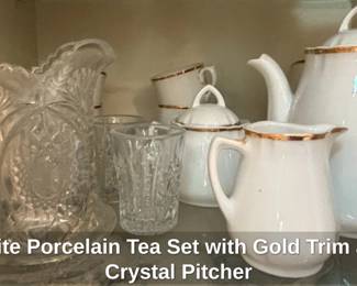 White Porcelain Tea Set with Gold Trim and Crystal Pitcher