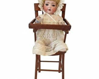 Antique German Bisque Doll in Wooden High Chair