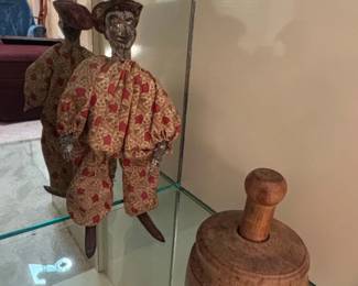Antique Jester Doll with Patterned Outfit and Wooden Butter Mold