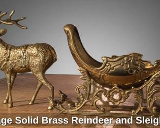 Vintage Solid Brass Reindeer and Sleigh Set