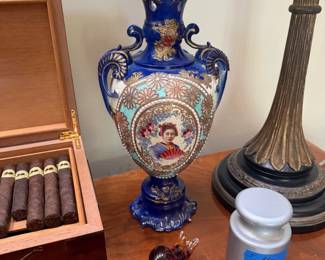 Vintage Satsuma Oriental Porcelain Vase 15" Tall w/Floral Gold Trim & Geshia Girl