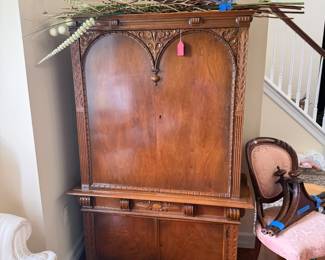 1930's North Carolina Furniture Solid Wood Dining Room Furniture with Hand Carved Floral Motif Design; Includes Blind Front China Cabinet, Buffet & Dining Room Table with 4 Chairs
