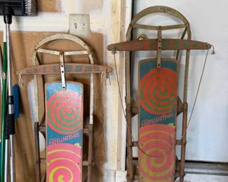 2 Vintage 1970's Era Psychedelic Wood & Metal Gambles Hiawatha Spiral Hippy 1970's Snow Sleds