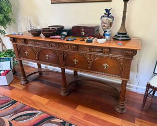 1930's North Carolina Furniture Solid Wood Dining Room Furniture with Hand Carved Floral Motif Design; Includes Blind Front China Cabinet, Buffet & Dining Room Table with 4 Chairs