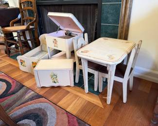 1930's Child’s Ray-Dyne / Radio Corp of America WORKING Record Player w/Cabinet; 1930's Child's Wooden Kitchen Play Table w/2 Chairs Playroom Furniture; 1930's Original Wooden Rocking Doll Bed w/Decals Padded Cloth Pillow & Mattress