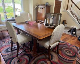 1930's North Carolina Furniture Solid Wood Dining Room Furniture with Hand Carved Floral Motif Design; Includes Blind Front China Cabinet, Buffet & Dining Room Table with 4 Chairs