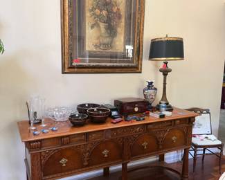 1930's North Carolina Furniture Solid Wood Dining Room Furniture with Hand Carved Floral Motif Design; Includes Blind Front China Cabinet, Buffet & Dining Room Table with 4 Chairs