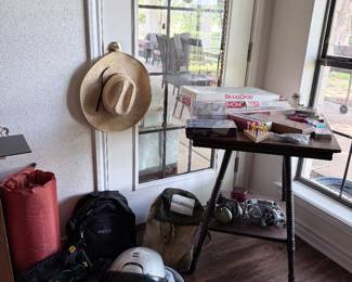 Antique table, games, camping supplies