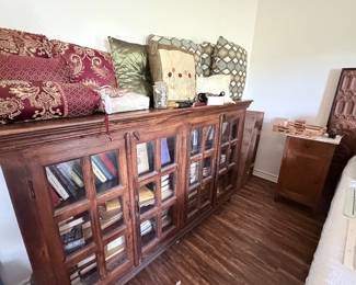 Pillows, book cabinet, end tables