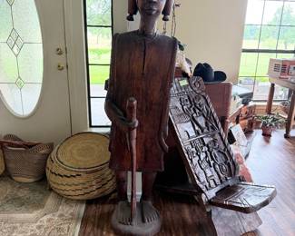 Wood statue, wood chair, baskets