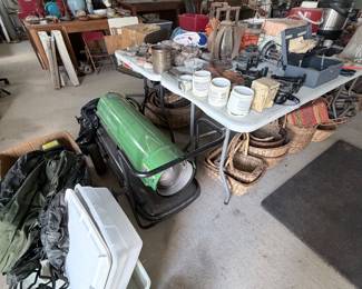 Heater, wicker baskets, tools