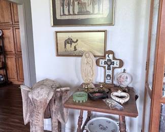 Wood elephant, antique table