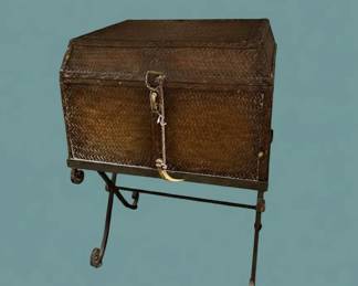 Vintage Rattan Trunk with Wrought Iron Stand second image