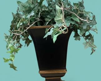 Black Urn Planter with Gold Trim and Faux Ivy second image
