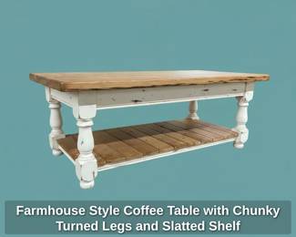 Farmhouse Style Coffee Table with Chunky Turned Legs and Slatted Shelf second image