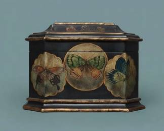 Octagonal Black Lacquer Box with Butterfly Decoration, possibly Chinoiserie or Aesthetic Movement second image