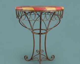 Wrought Iron Pedestal Table with Painted Red and Yellow Striped Top second image