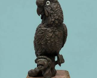 Bronze Cockatoo Sculpture with Gemstone Eyes on Pink Marble Base second image