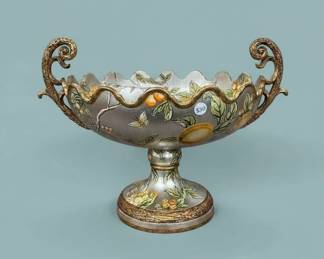 Capodimonte Style Pedestal Bowl with Fruit and Butterfly Motif