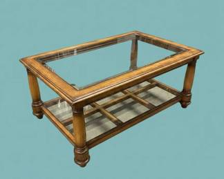 Vintage Wood and Glass Coffee Table with Lower Shelf second image
