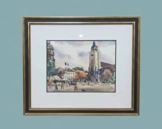Watercolor Painting of a European Town Square with Church Tower second image