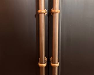 RH 20th C. English Brass Bar Pull 4-Door Sideboard in Solid Ebonized Oak with Brass Handles. Measures 70" W x 18" D x 36" H. Photo 3 of 4.