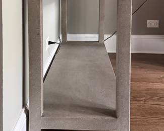 RH Faux Shagreen Graydon Two Drawer Console in Fog with Burnished Brass Pulls. Measures 50" W x 16" D x 30" H. Photo 2 of 3.