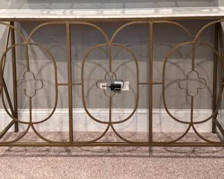 Antique Bronzed Metal Console with Marble Top. Measures 60" W x 14" D x 46" H. Photo 1 of 2.