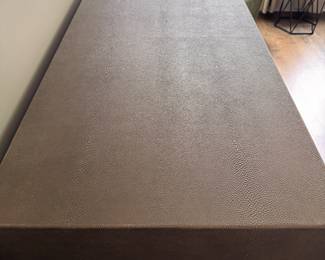 RH Faux Shagreen Graydon Six-Drawer Bureau in Fog with Burnished Brass Pulls. Measures 72" W x 20" D x 36" H. Photo 4 of 5.