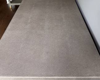 RH Faux Shagreen Graydon Six-Drawer Bureau in Fog with Burnished Brass Pulls. Measures 72" W x 20" D x 36" H. Photo 3 of 5.