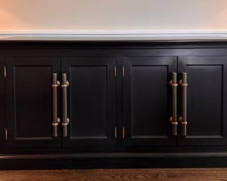 RH 20th C. English Brass Bar Pull 4-Door Sideboard in Solid Ebonized Oak with Brass Handles. Measures 70" W x 18" D x 36" H. Photo 1 of 4.