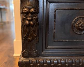Antique Renaissance Revival Walnut Cabinet with Beveled Glass Doors and Claw Feet. Circa 1900. Measures 55" W x 21" D x 78" H. Photo 5 of 7.