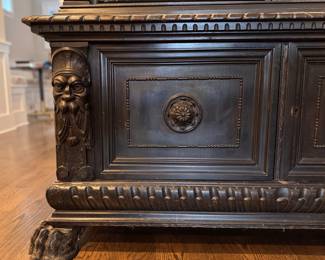 Antique Renaissance Revival Walnut Cabinet with Beveled Glass Doors and Claw Feet. Circa 1900. Measures 55" W x 21" D x 78" H. Photo 6 of 7.