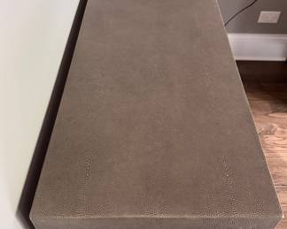 RH Faux Shagreen Graydon Two Drawer Console in Fog with Burnished Brass Pulls. Measures 50" W x 16" D x 30" H. Photo 3 of 3.