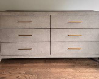 RH Faux Shagreen Graydon Six-Drawer Bureau in Fog with Burnished Brass Pulls. Measures 72" W x 20" D x 36" H. Photo 1 of 5.