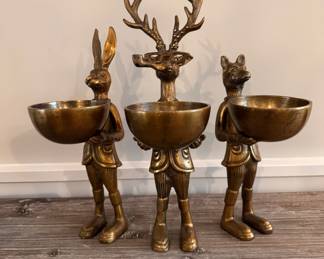 Cast Aluminum with Antique Gold Finish Figural Candy Dishes by E + E Collection.
