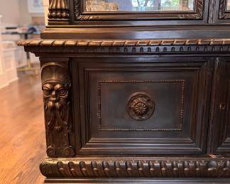 Antique Renaissance Revival Walnut Cabinet with Beveled Glass Doors and Claw Feet. Circa 1900. Measures 55" W x 21" D x 78" H. Photo 4 of 7.