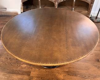 Arhaus Pedestal Dining Table with Wood Top. Measures 55" D x 30" H with 28" Clearance. Photo 3 of 8.