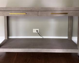 RH Faux Shagreen Graydon Two Drawer Console in Fog with Burnished Brass Pulls. Measures 50" W x 16" D x 30" H. Photo 1 of 3.