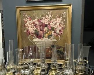 LARGE COLLECTION OF ANTIQUE, NICKEL PLATED, GLASS AND BRASS OIL LAMPS