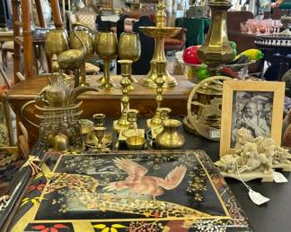 COLLECTION OF BRASS CANDLESTICKS, GOBLETS, MISCELLANEOUS OTHER BRASS ITEMS. WONDERFUL OLD LACQUER ASIAN PHOTO BOOK.