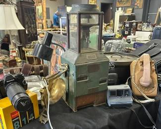ANTIQUE STREET CAR TOLL COIN COLLECTOR, TROLLEY BRASS BELL, SEVERAL OLD PHONES