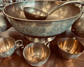VINTAGE LARGE, BRASS ENGRAVED PUNCH BOWL WITH LADLE